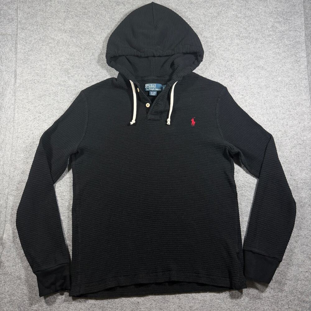 Vintage 90s Polo Ralph Lauren Hooded Thermal Shirt Womens L Black Waffle Knit